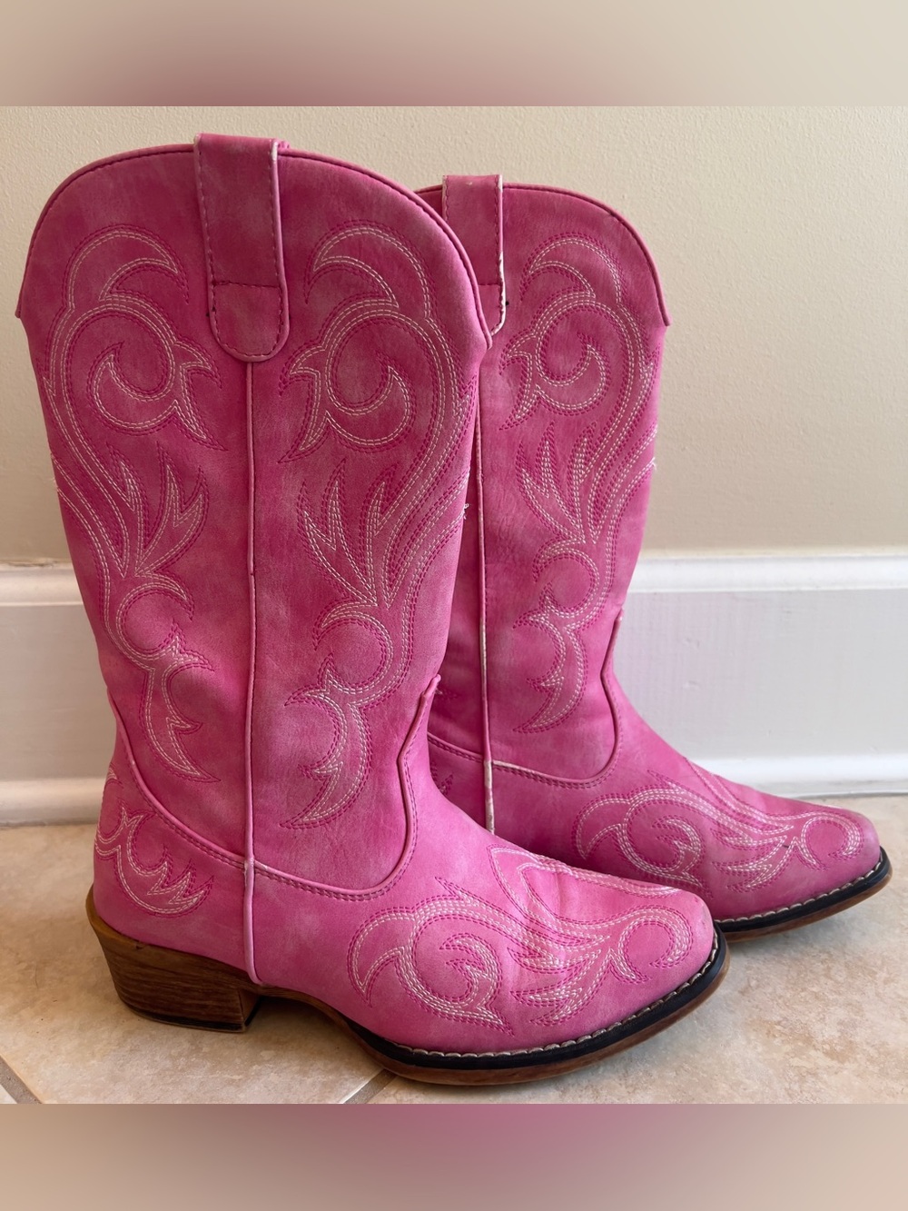 IUV Western Cowgirl Boots Youth Pink Mid Calf Cowboy Stitching Size 5